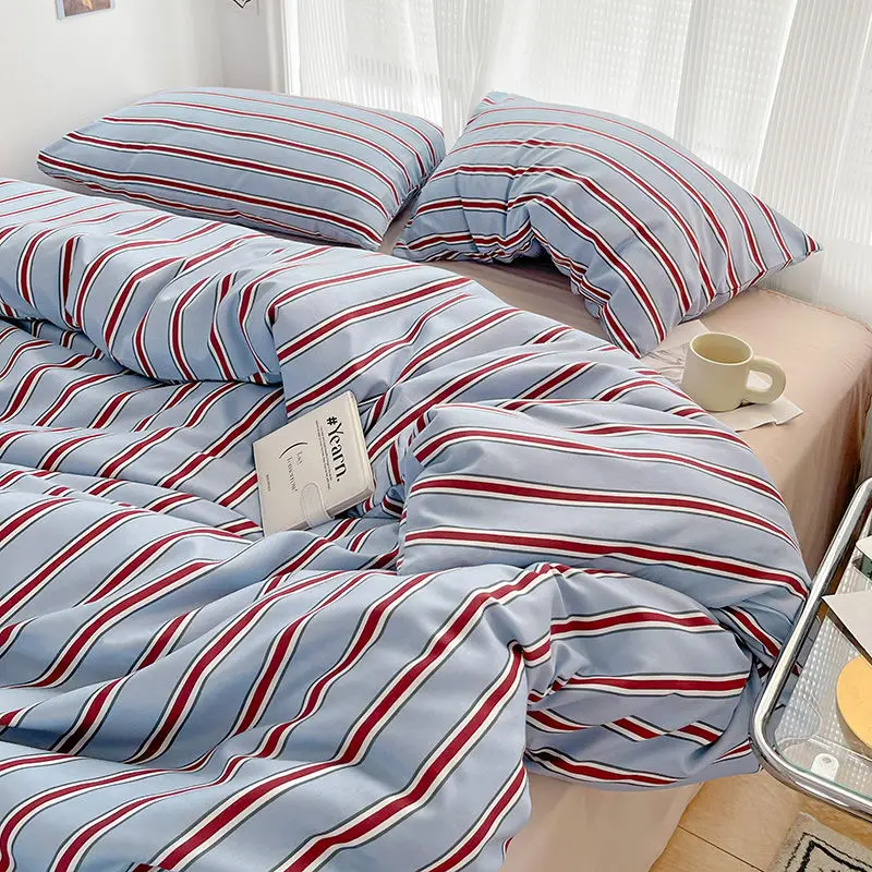 Simple Red and Blue Striped Quilt Cover Bed Sheet Four-piece Set Washed Cotton Bedding College Dormitory Three-piece Set