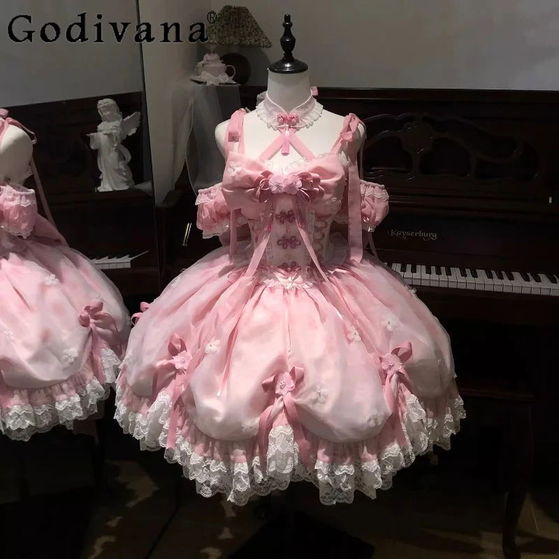 

Pink Lolita Sweet Ball Gown for Women Girls High Waist Slimming Exquisite Elegant Bow Lace Halter Party Evening Dresses 2026