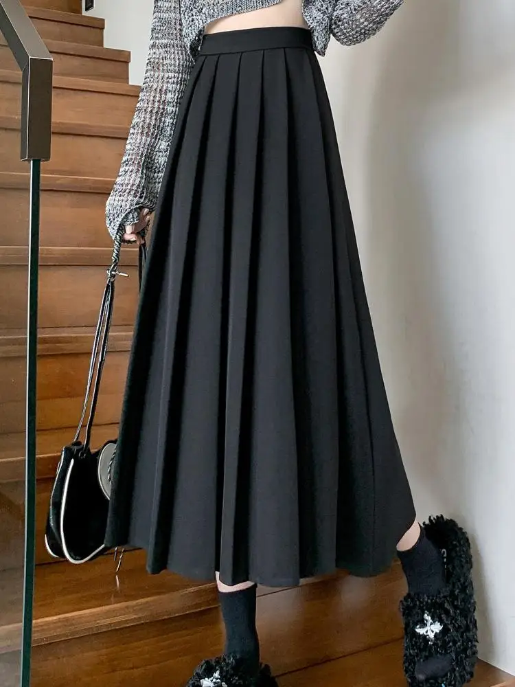 

French Vintage Summer Black Elegant High Waist Vacation Pleated Skirt Women Grey Versatile Long Skirt Simplicity Streetwear Chic