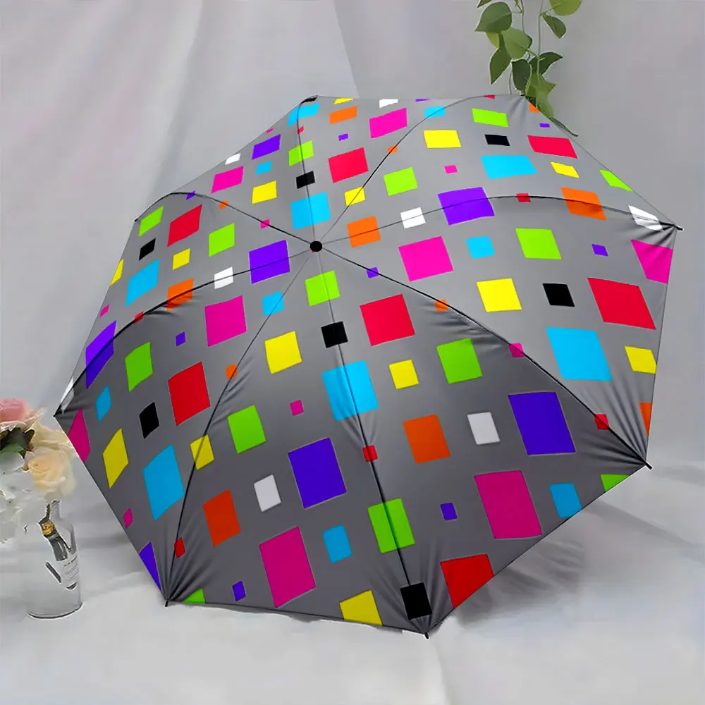 Colorful Square Patterned Umbrella on Grey Background portable waterproof sun rain umbrella for outdoor travel beach