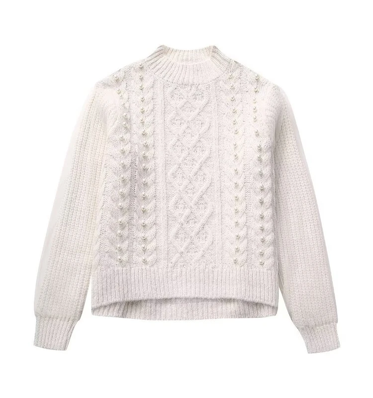 

Autumn Winter New Sle Women's Sweater Color Blo Tulle And Artificial Pearl Knitted irt Sweet Sle round Ne Pullover