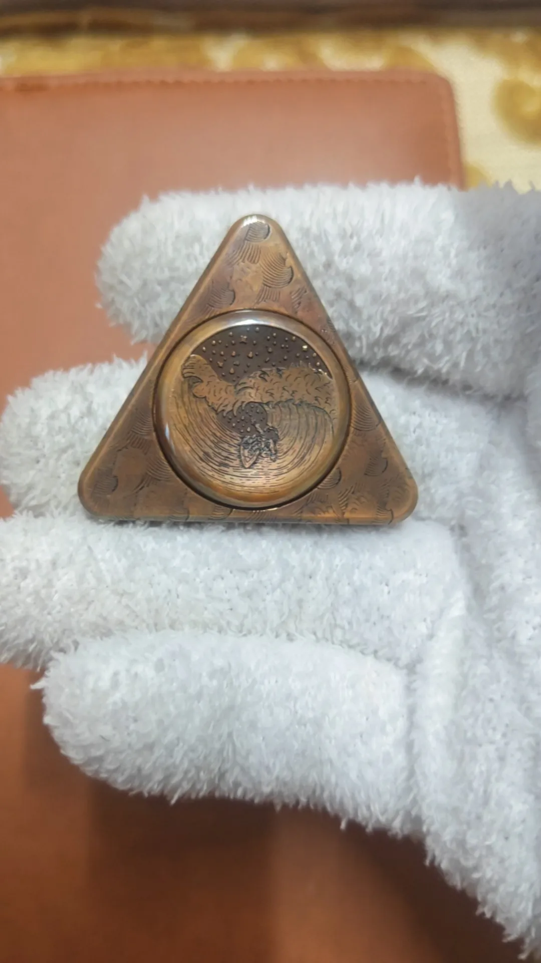 Used Copper Triangle Gyro, Ukiyo-e Wave Carving EDC