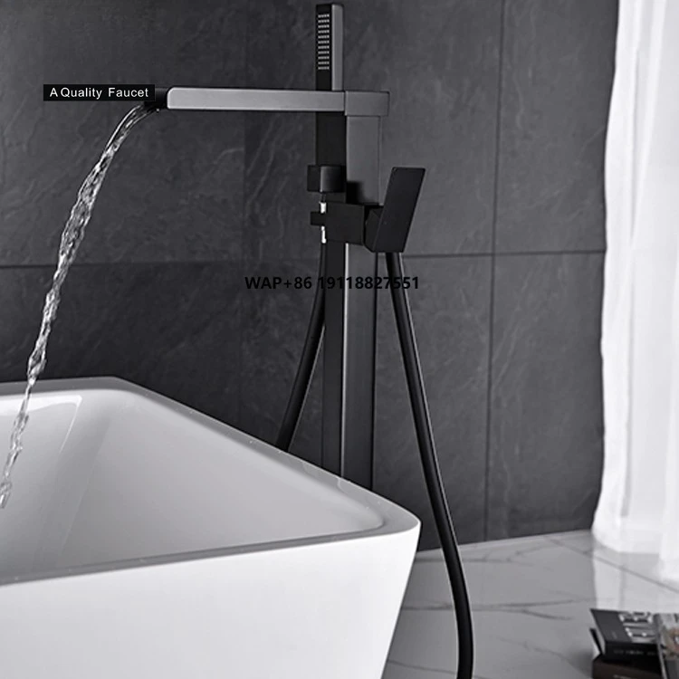 

Stand Alone Style Contemporary Waterfall Faucet Matter Black Floor Standing Shower Set