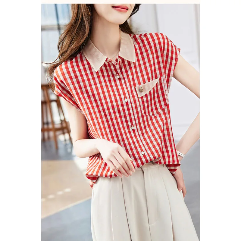 2024 New Women\'s Summer Korean Version Turn-down Collar Button Contrast Color Plaid Fashion Casual Short Sleeve Shirt Tops