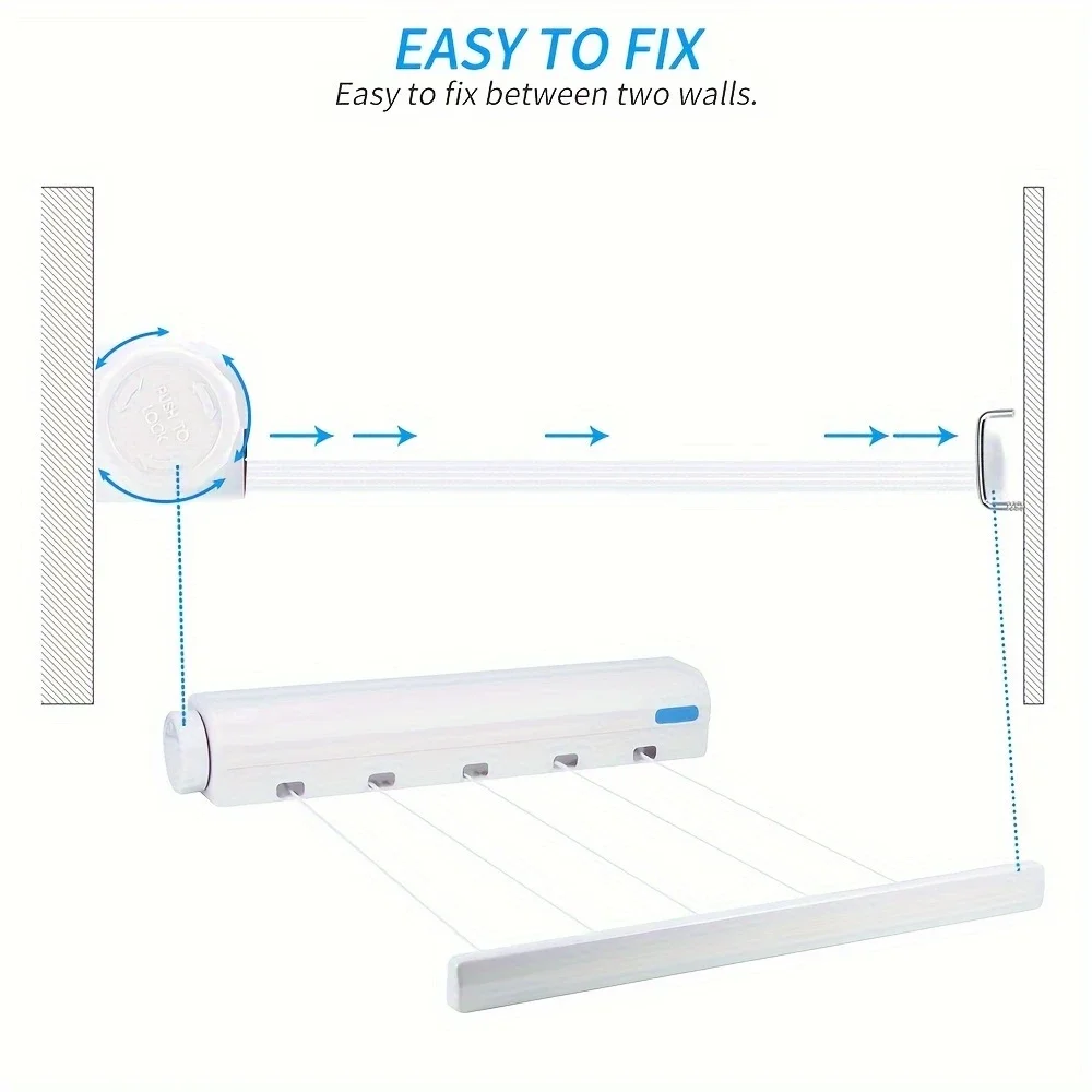 Spring Auto Retractable 4 or 5 Wires Clothes Line Wall Mounted Clothes Line Retractable Laundry Hanger with Hooks Drying Rack