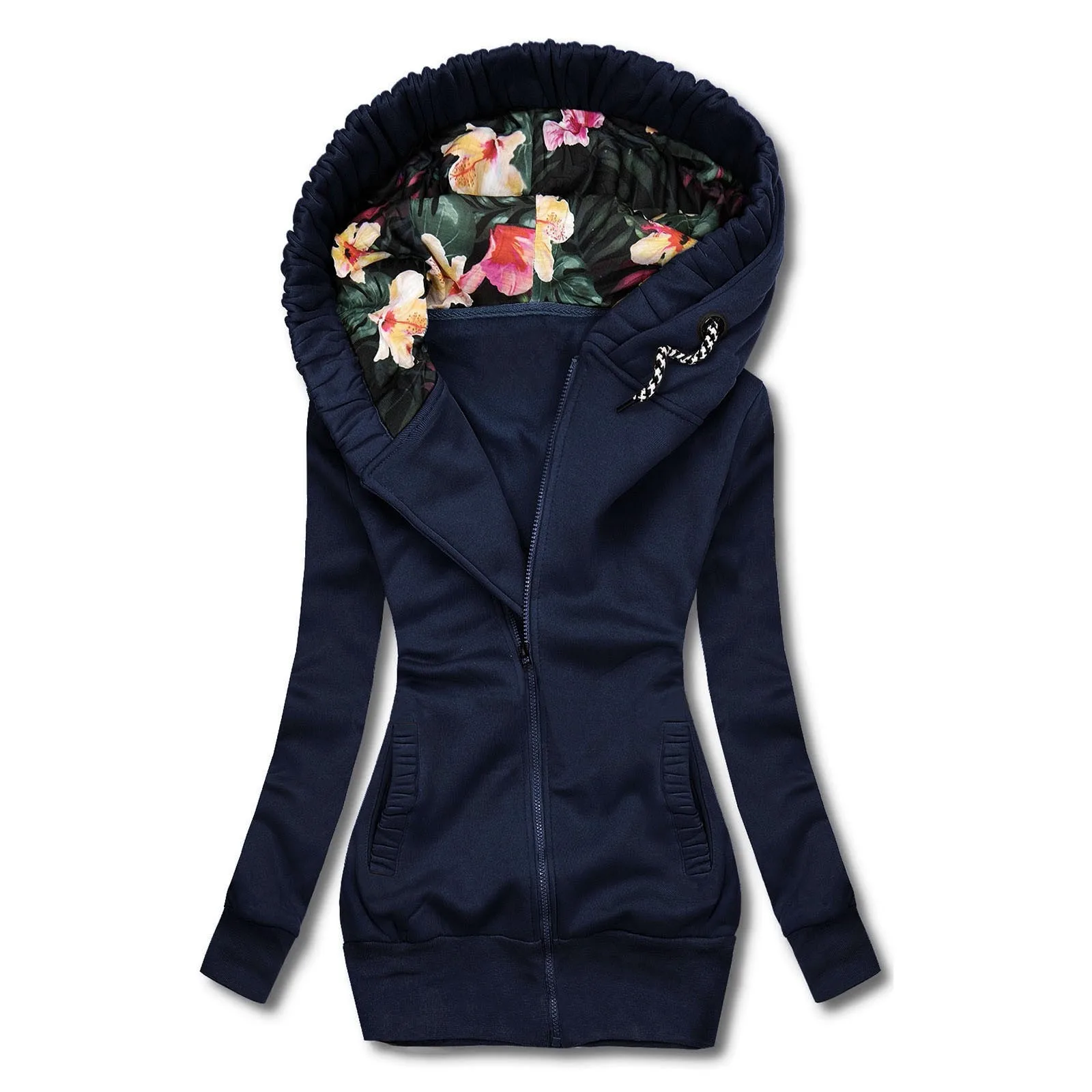 

Womens Zip up Sweatshirts Womens Autumn Winter Flower Printed Hooded Slim Fit Pockets Zipper Jacket Womens Zip up