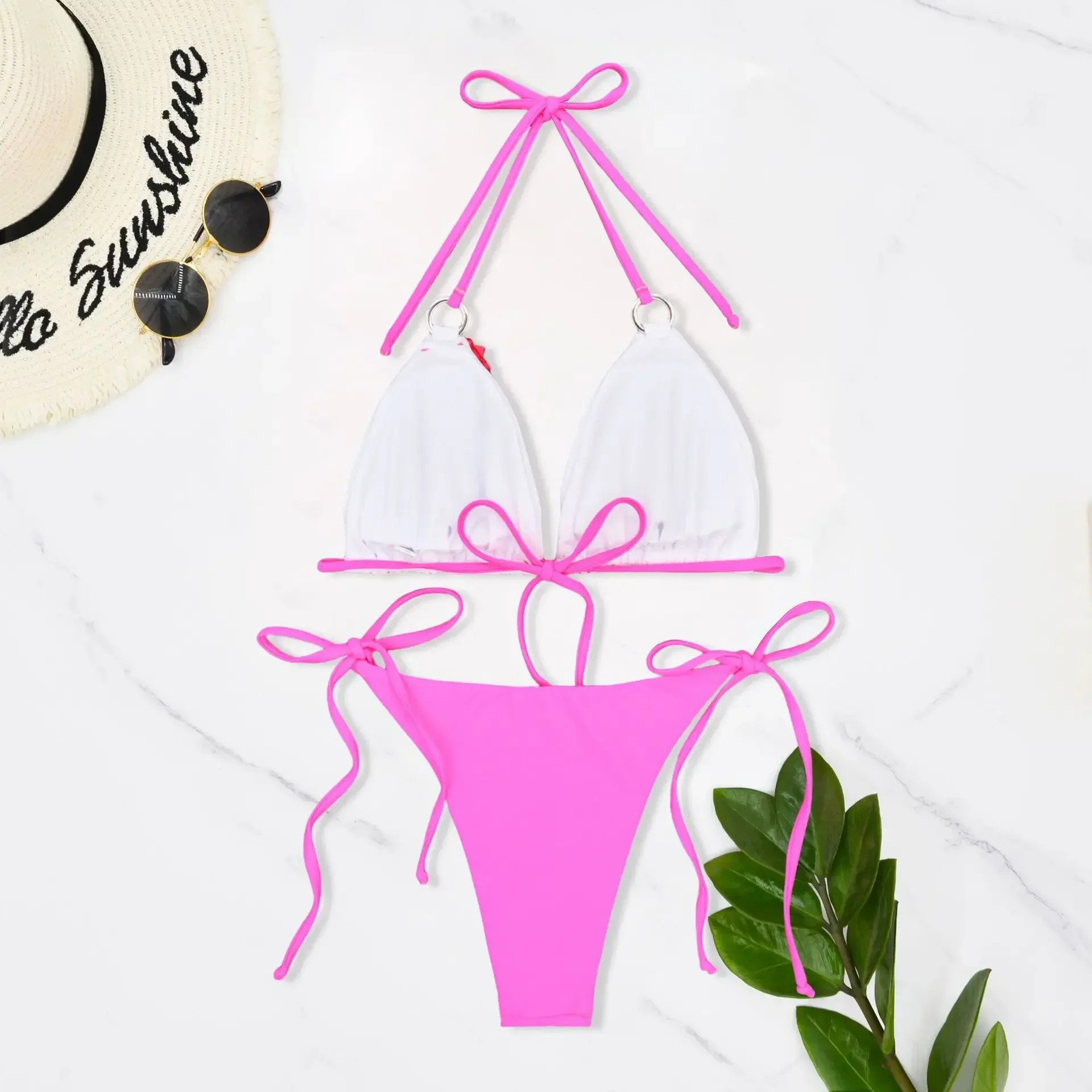 Sexy Triangle Push Up String Bikini Brazilian Swimwear Women 3D flower Bikinis Ring Linked Bathing Suit Beach Wear Femme Biquini