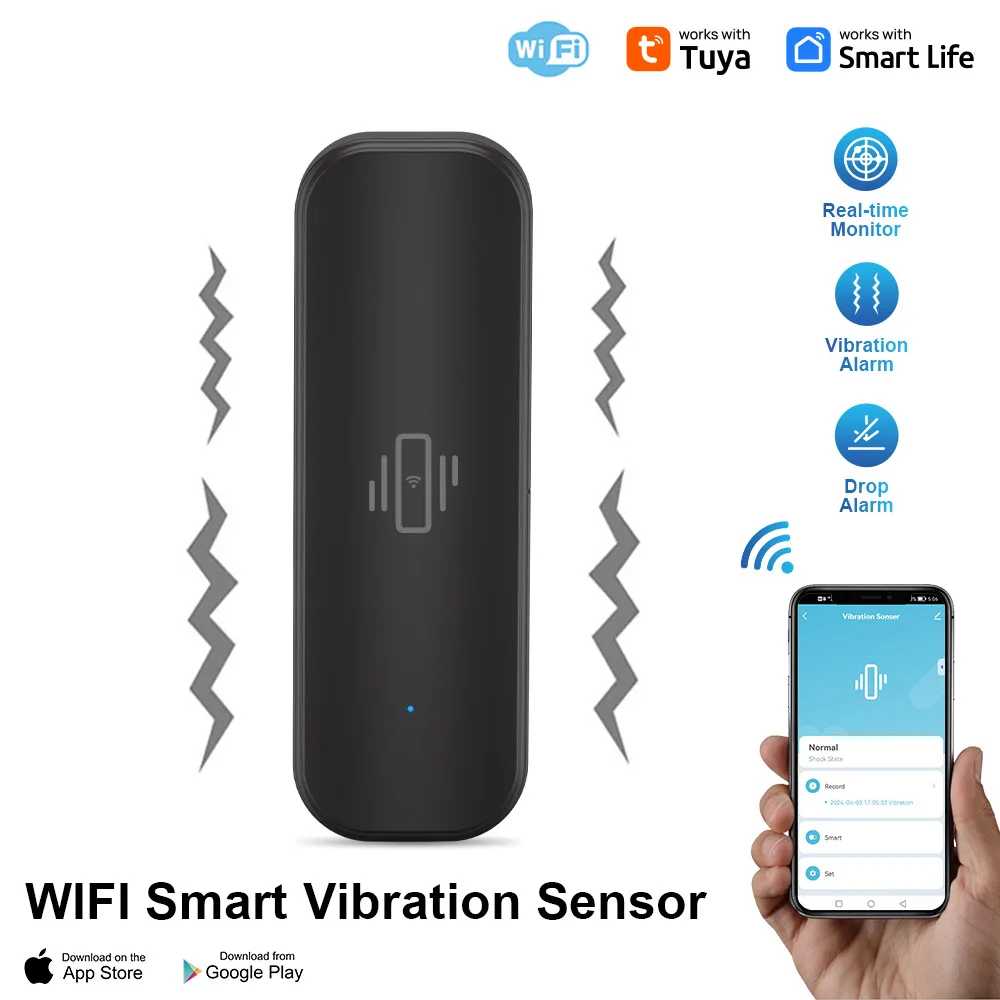 ONENUO Tuya Smart Home WiFi Vibration Sensor Detection APP Notification Real-Time Motion Shock Alarm History Record Security