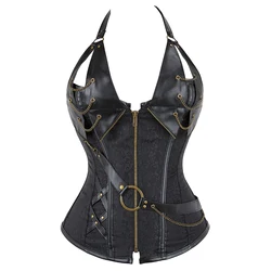 Gótico steampunk corset corséis femininos plus size halloween corpete straitjacket couro aço desossado bustier