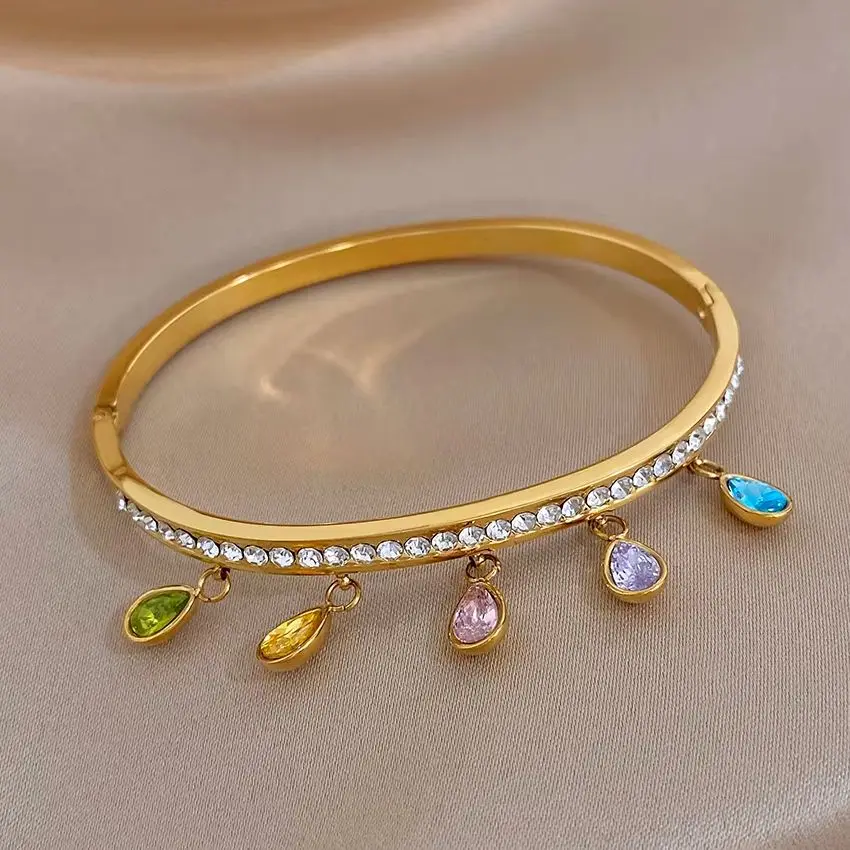 Freetry Luxury Gold Plated Stainless Steel Cuff Bracelet for Women Cubic Zirconia Water Drop Charm Bangle Anti-fade Hand Jewelry