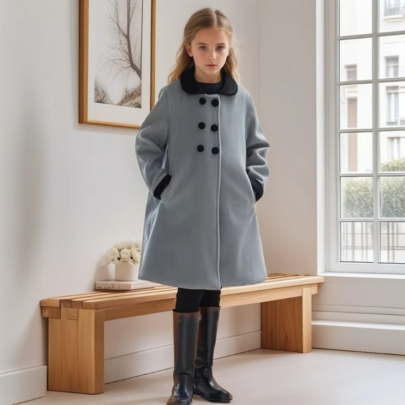 Girls Winter Wool Coat Double-faced Tweed Overcoat for Kids 8 10 12 14 Years Fashion Casual Grey Teenage Children Long Outerwear