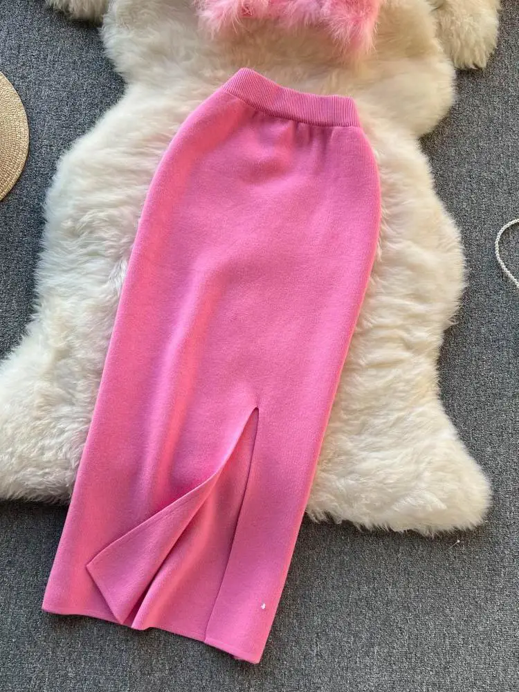 Tops cortos de felpa sin mangas para mujer, conjuntos de falda dividida de cintura alta elástica negra, conjuntos de dos piezas grises, rosa y Sexy, primavera y verano