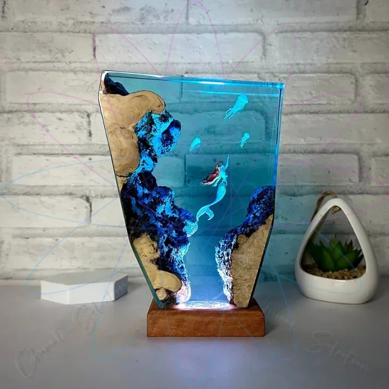 Mermaid and Jellyfish Resin  Epoxy and Wooden  Marine Resin Ornament