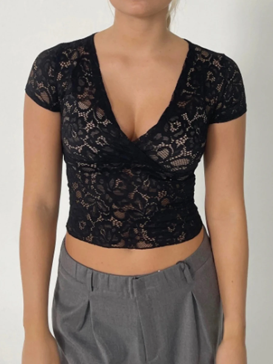 T-Shirt en Dentelle Transparente pour Femme, Manches Courtes, Col en V Rond, Maille, Coupe Cintrée, Vêtements d'Été