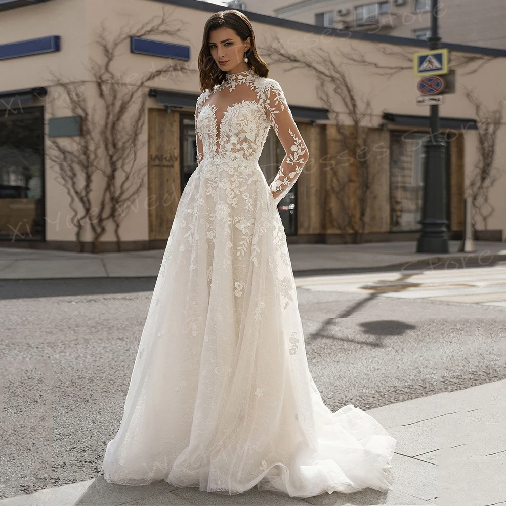 Requintado uma linha vestidos de casamento feminino rendas apliques alta pescoço vestidos de noiva manga longa sem costas personalizado vestido de noiva