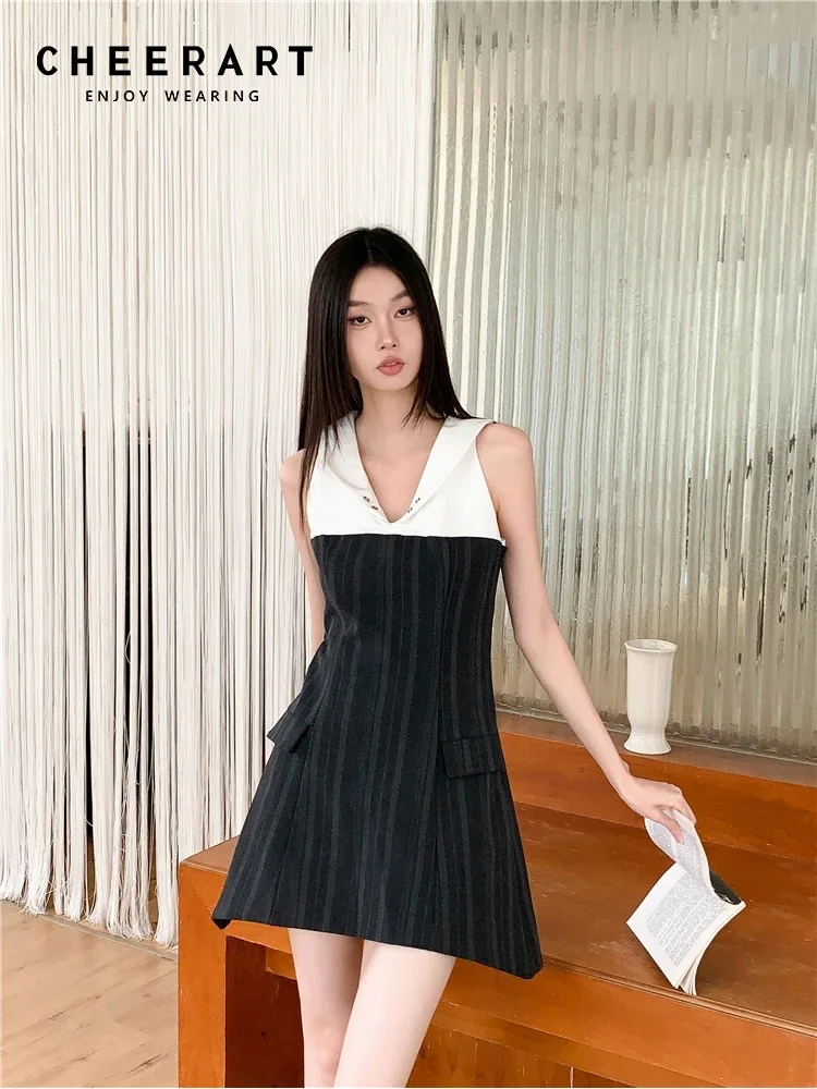 CHEERART Preppy Patchwork Sleeveless Short Dresses 2024 Women Korean Fashion Striped A Line Mini Dress Summer Clothes