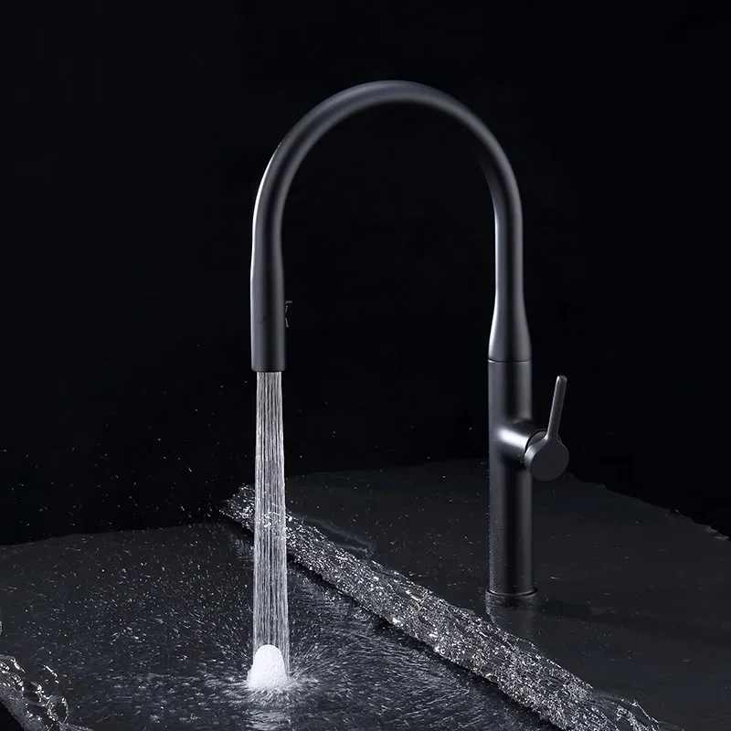 Modern Single Hole Tap Brass Black Pull Out Kitchen Sink Faucet