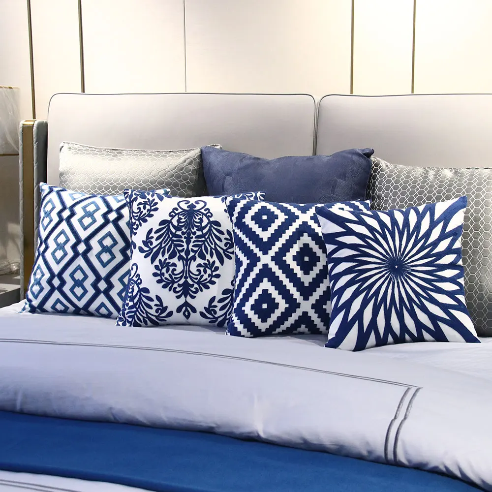 

Navy Blue Embroidery Throw Pillow Cases 45x45cm Geometric Decorative Cotton Cushion Covers For Living Room Sofa Car Home Decor