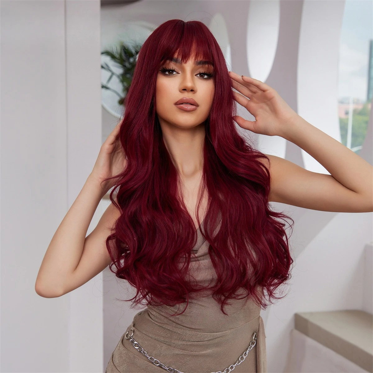 

European and American wigs female long curly hair red gradual change air Qi bangs realistic natural wigs dress up high temperatu