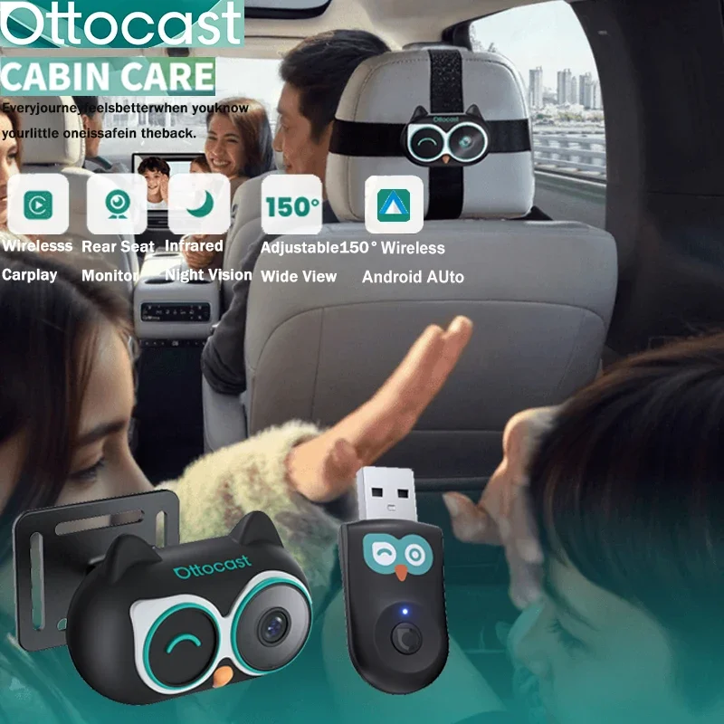 Ottocast Cabin Care Wireless CarPlay Adapter Baby Car Camera 1080P HD 150° Wide-angle Night Vision Backseat Monitor for 98% Car