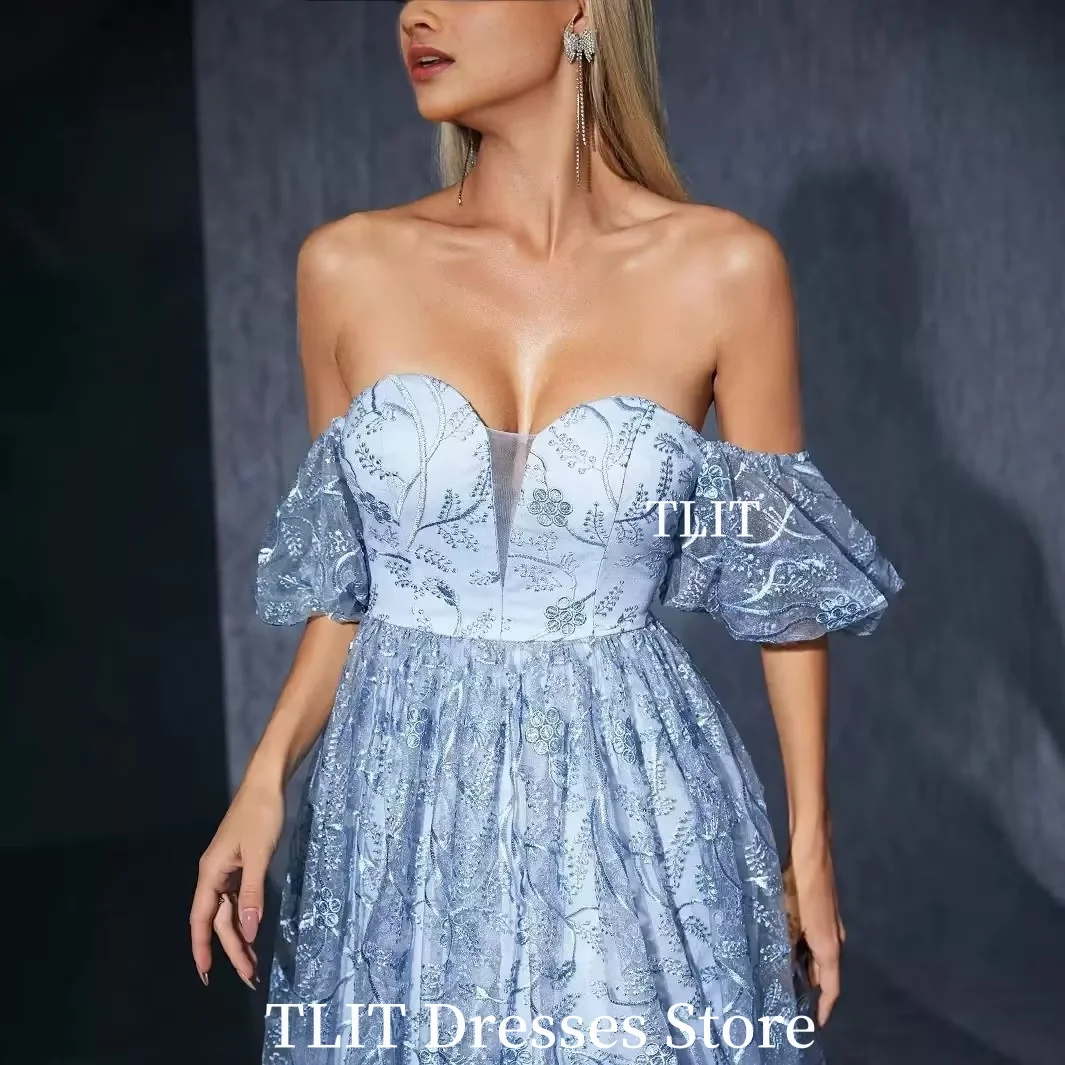TLIT Sexy Light blue Tulle Embroidery Evening Dress Strapless Floral Print Prom Gowns Customized Backless  Formal party