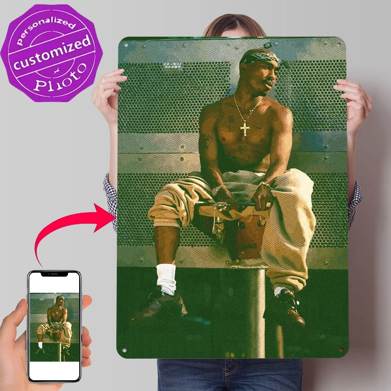 Tupac Shakur Sitting Outdoors Metal Poster Customized Wall Art Retro Vintage Tinplate Signs for Home Decor Room Decoration Items