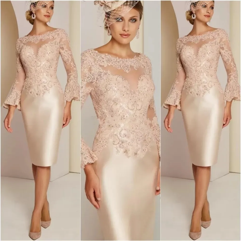 O Neck Long Sleeve Mother Of Bride Dresses Lace Beaded String Applique Party Cocktail Dress Column Knee Length Formal Prom Gown