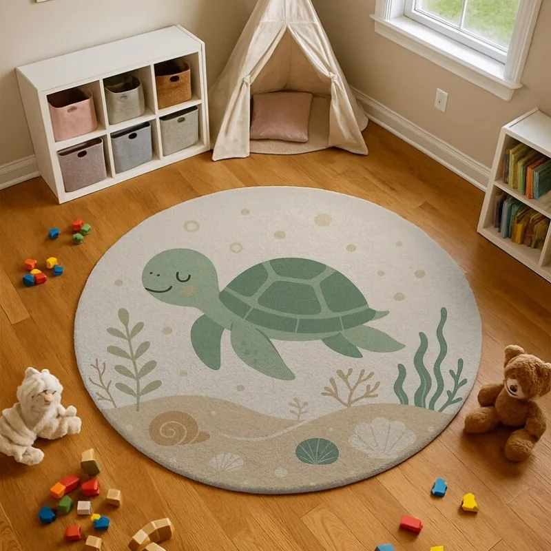 Cartoon Turtle Circle Rug Cute Green Sea Turtle with Friendly Smile Playful Ocean Themed Floor Mat for Kids Room Education Decor - view 3