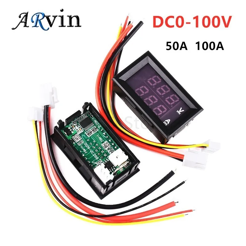 DC0-100V 50A 100A Voltmeter Ammeter Red Blue LED Amp Dual Digital Volt Meter Gauge 0.56\'\' LED Display 50A 100A Diverter