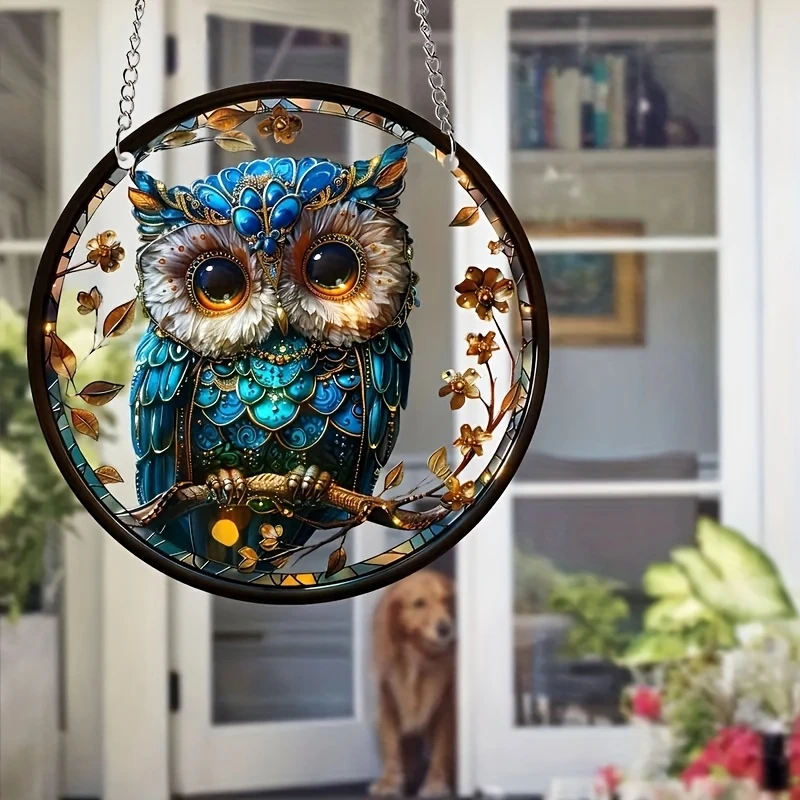 6in Round Acrylic Owl Bird Animal-themed Solar Catcher Window Porch Wall Hanging Decor Holiday Gifts Room Hangers
