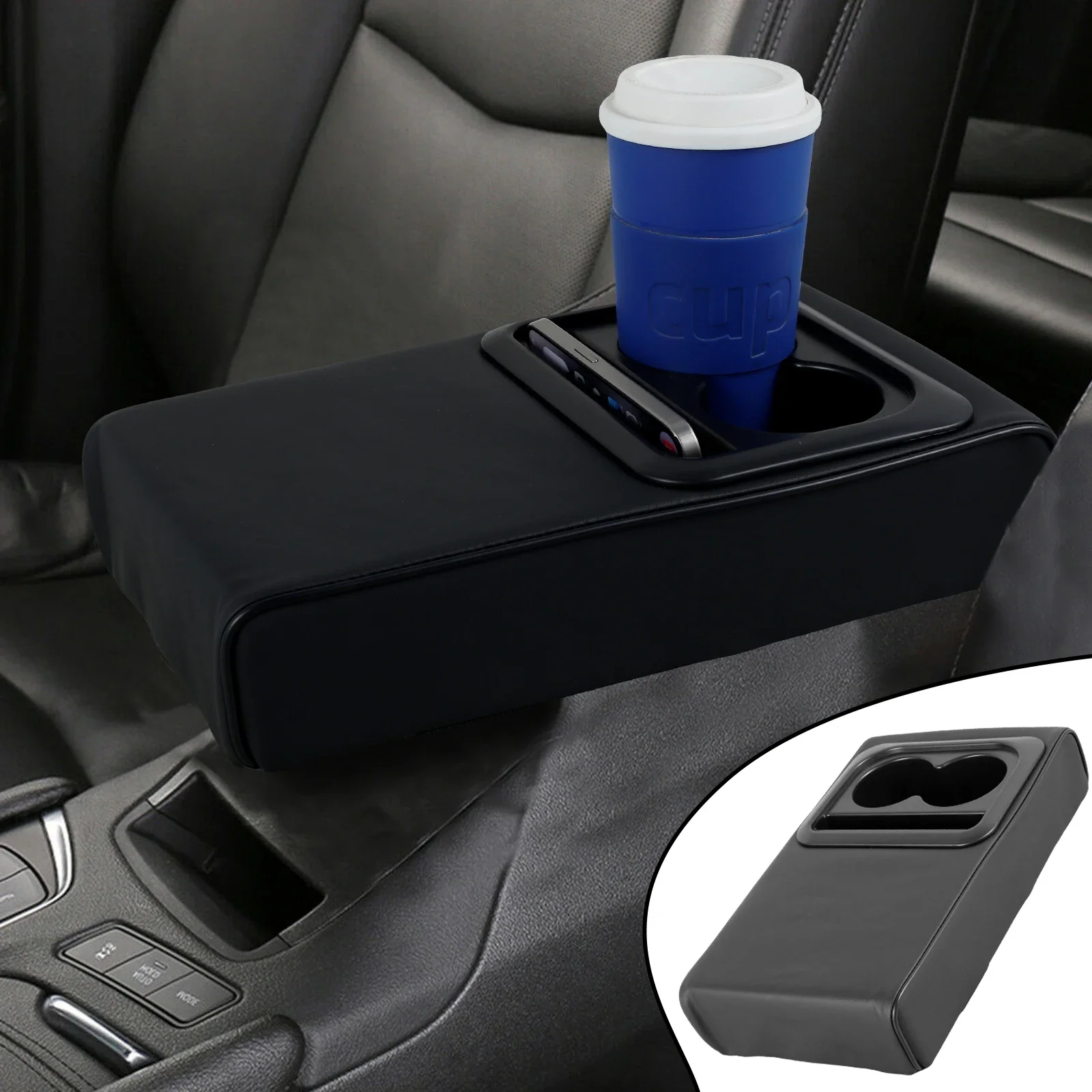 

Car Center Console Armrest Cushion Leather Armrest Pillow with Cup Holder&Phone Holder Waterproof Auto Armrest Cover Universal