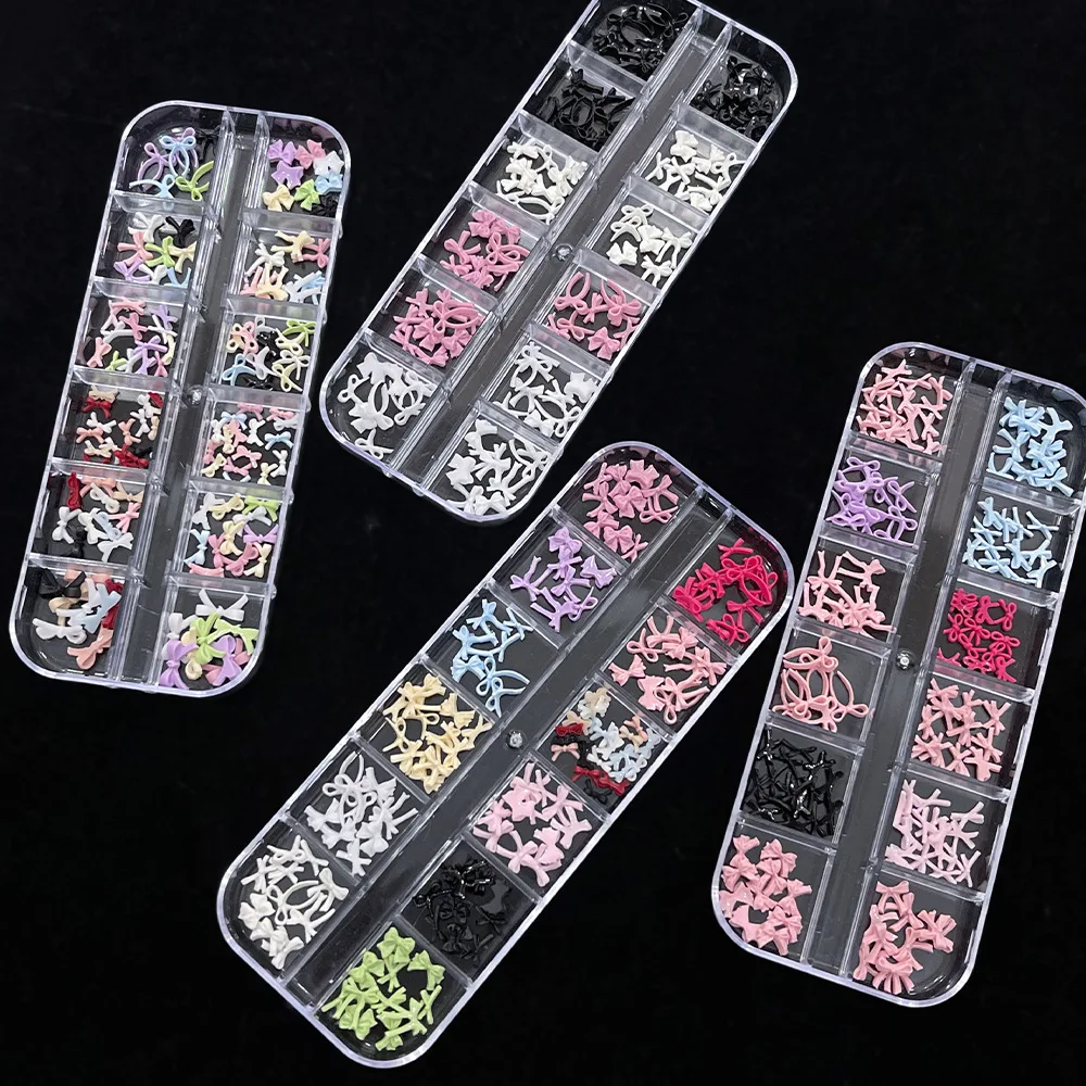 12 Grids 3D Resin Bow Nail Charms Popular Color Streamer Bow Ornaments DIY Nail Art Jewelry Decorations