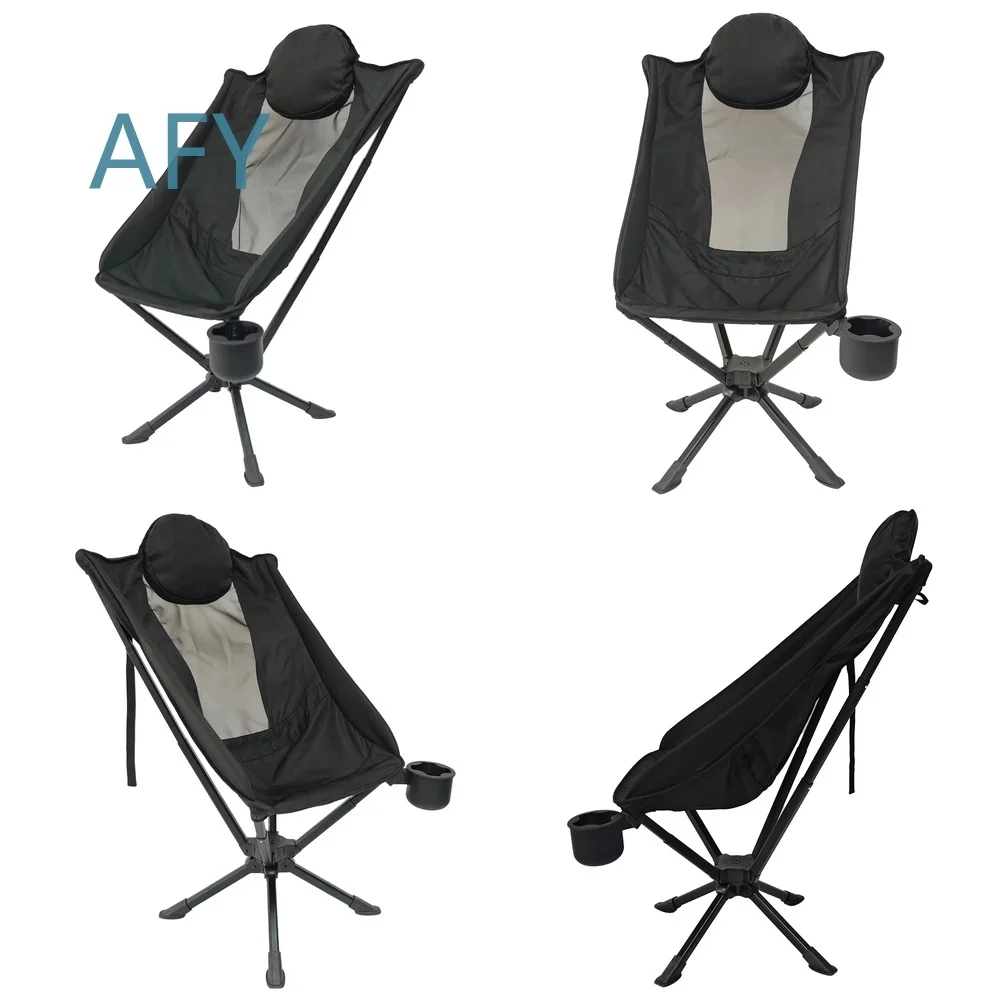 High Back Swivel Folding Chair for Outdoor Camping Aluminum Frame Modern Design with Silicone Cup Holder and Beach Pillow