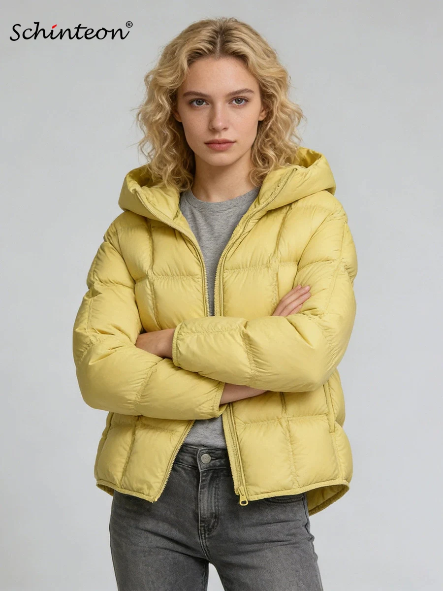 

Schinteon Women's White Duck Down Jacket Autumn Winter Warm Thick Outwear with Hood Loose 90% Down Coat 2025 New Solid Color
