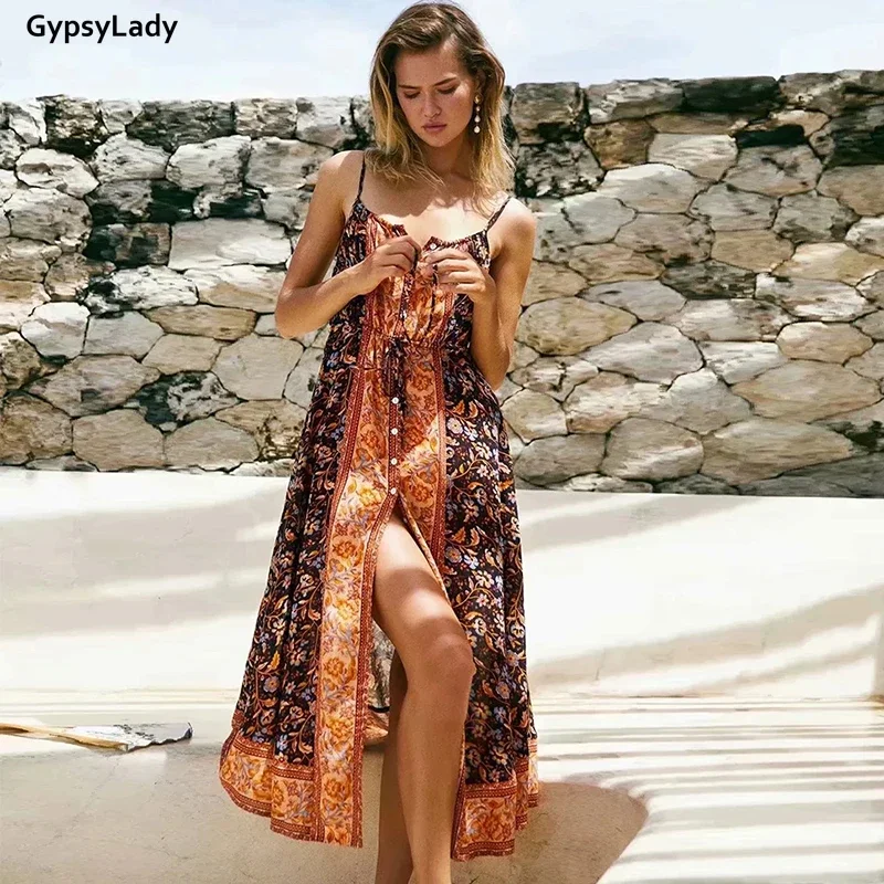 GypsyLady Vintage Chic Boho Dress Strappy Summer Beach Dresses Button Front Sleeveless Chic Vocation Women Green Bow Long Dress