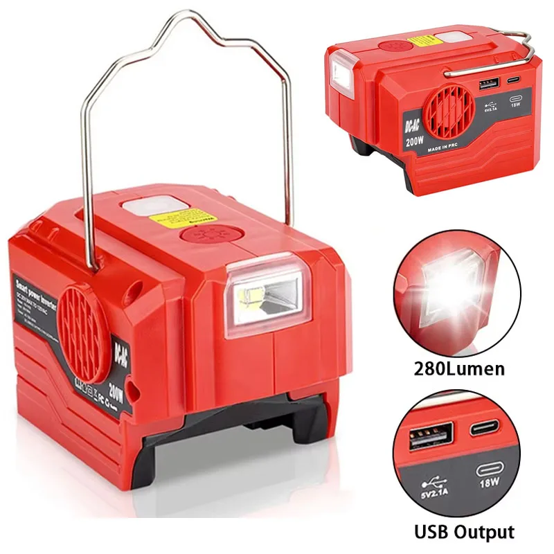 Inverter 200W untuk Milwaukee 18V baterai Li-ion DC 18V ke AC 110V/220V Inverter gelombang sinus modifikasi dengan lampu LED 280LM