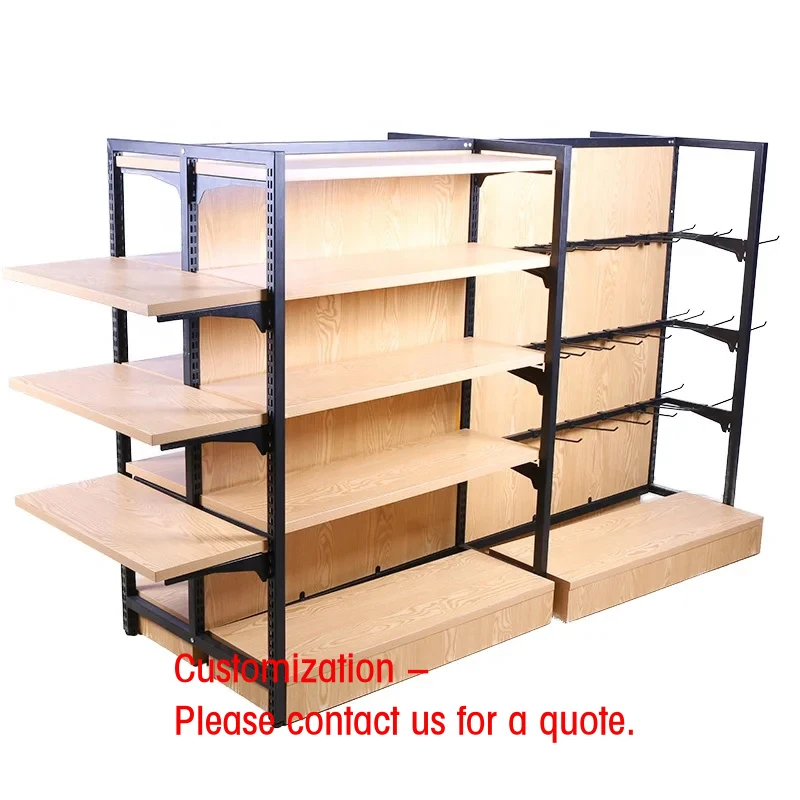 custom.China Factory Double-sided Middle Island Shelf Supermarket Wooden Shelf