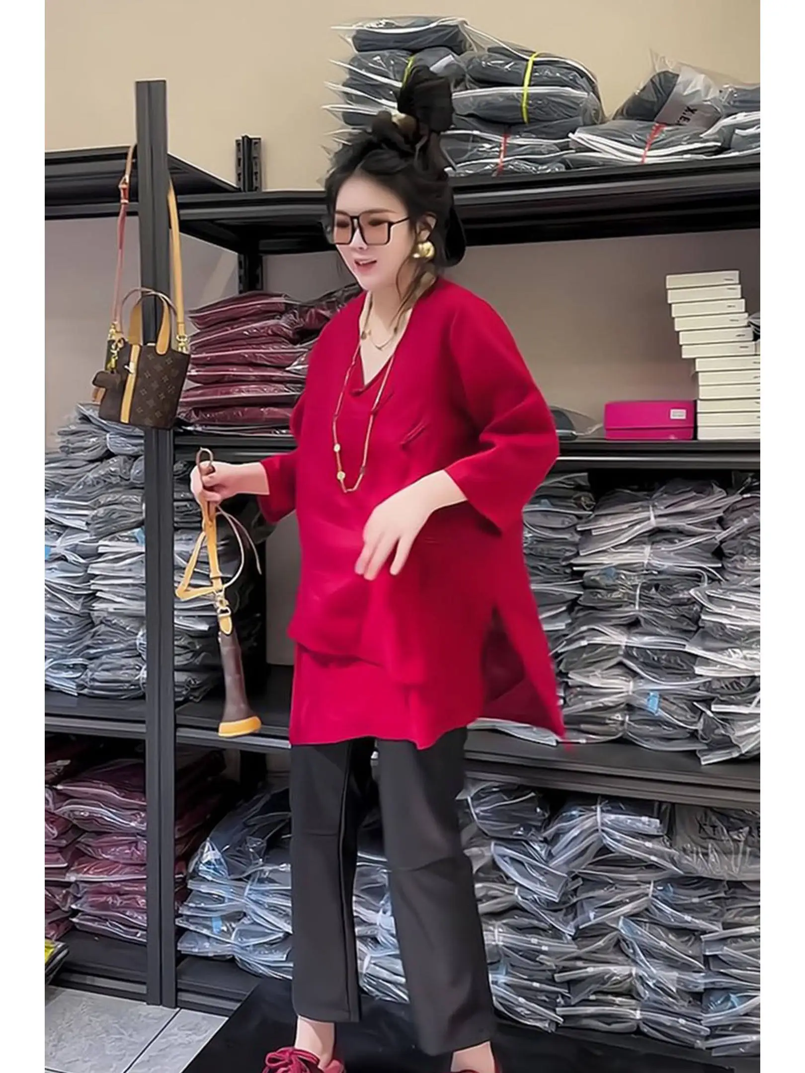 

New Chinese Style Red Split Casual Commute Women's Spring Set High Waist Loose Fit Long Sleeve Cardigan Trendy Fashion