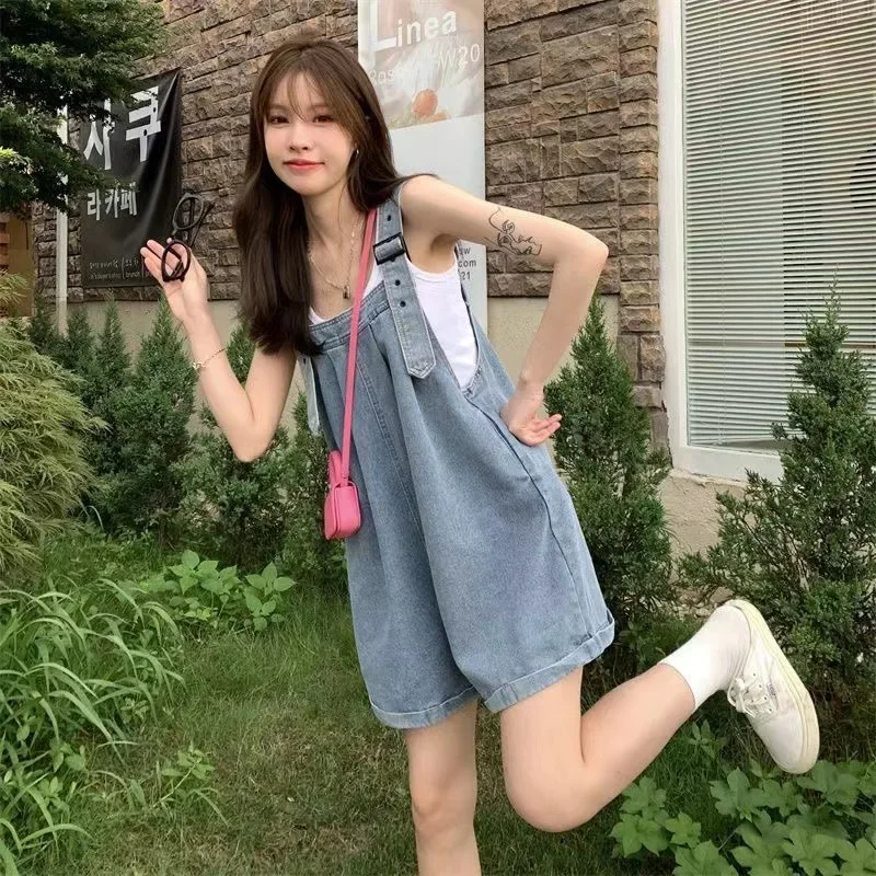 Curly Hem Denim Overalls Shorts Women's Summer New Salt-sweet Small Loose Romper Girl Woman Comfort Casual Loose High Quality