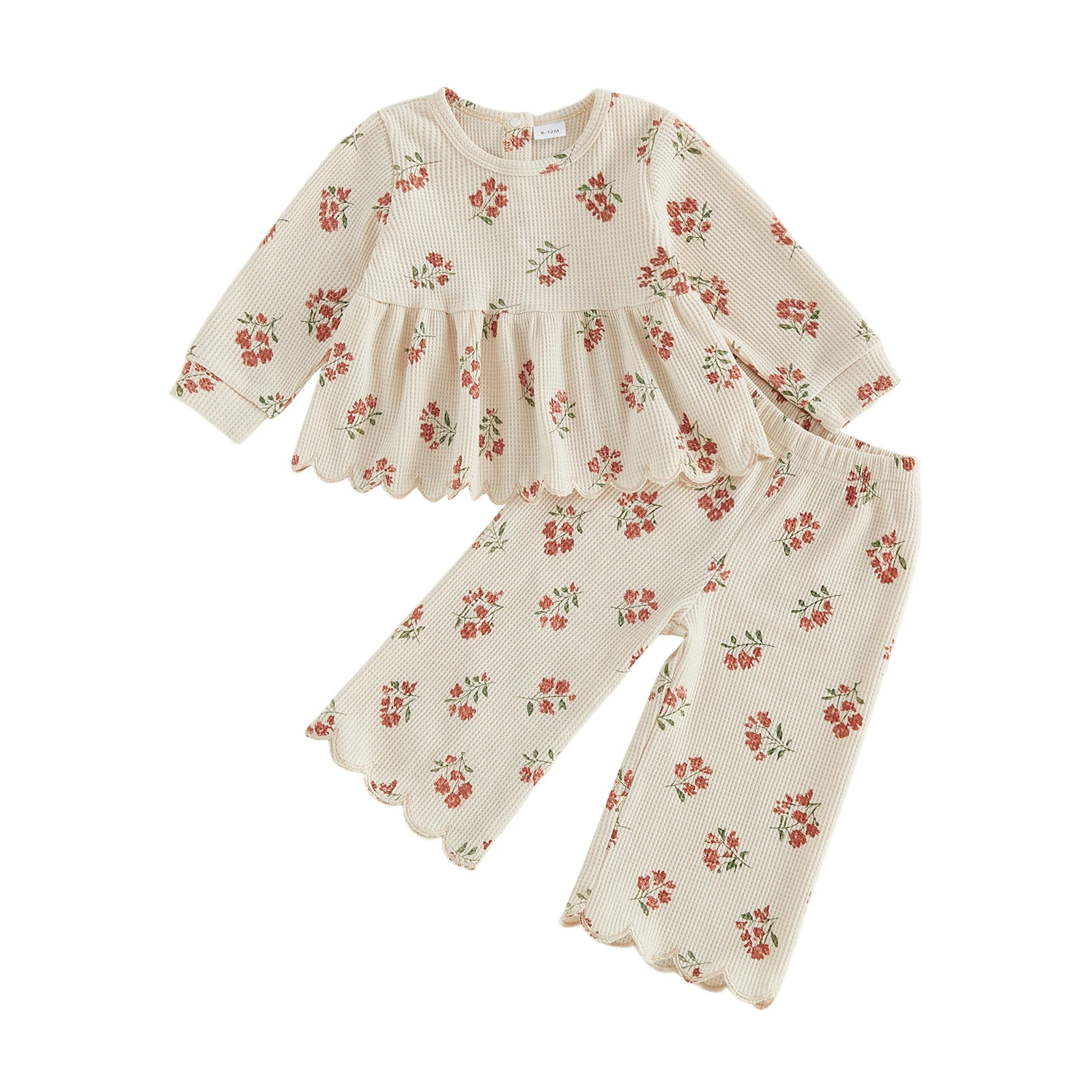 Toddler Girls Fall Outfits Scalloped Trim Floral Print Long Sleeve Tops and Elastic Pants Set 2 Piece Clothes