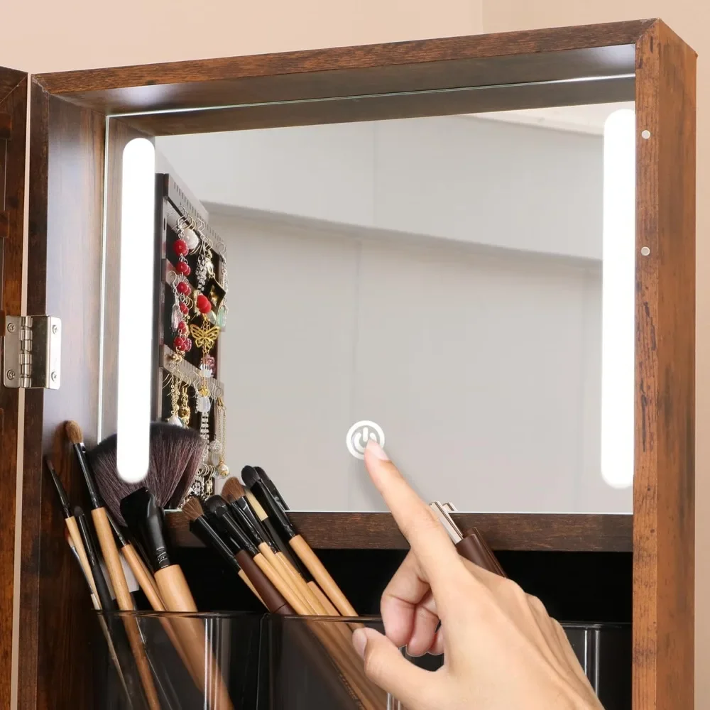 360 Swivel Full Length Mirror Jewelry Cabinet - Standing Armoire With Built-In Mirror & 3 Lockable Drawers (Rustic Brown)