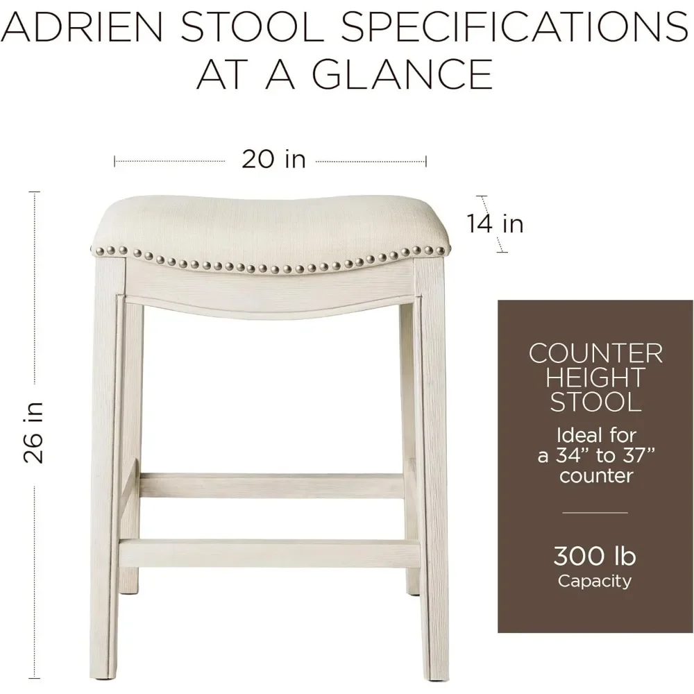 Adrien Backless Saddle Barstool, Assento Almofada Estofados, Contra Altura, Acabamento De Carvalho Branco, Tecido De Cor Natural, 26 em