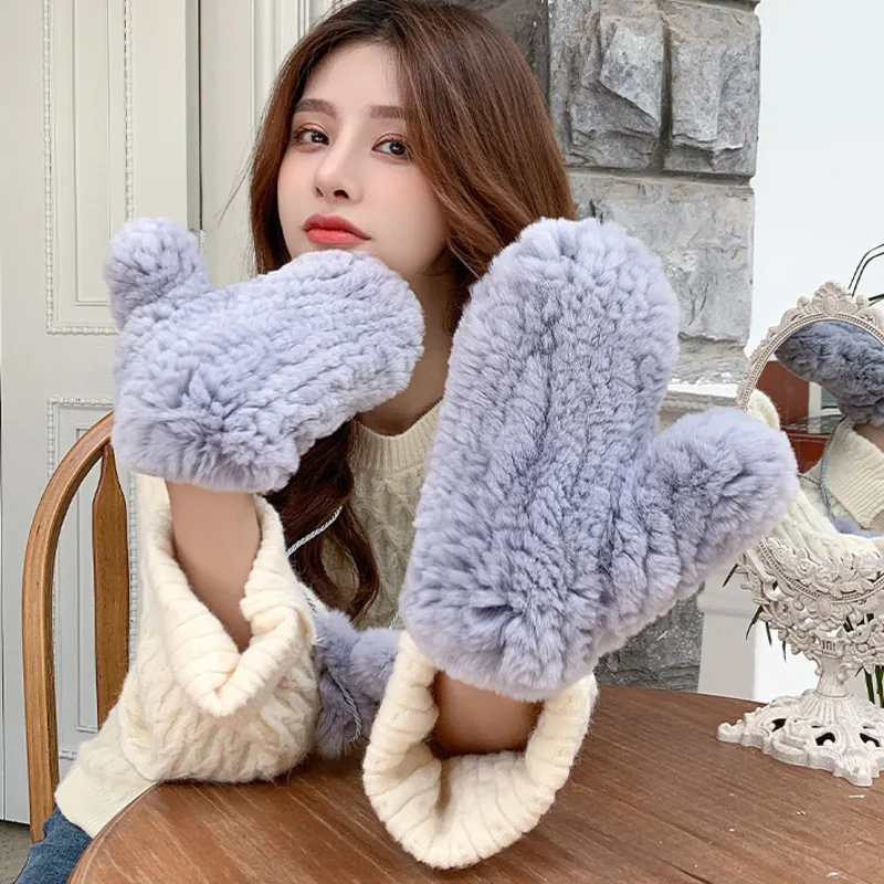Female Natural Rabbit Fur Gloves thickened Knitted Warm Real Rex Rabbit Fur Mittens Women Winter Outdoor Rex Rabbit Fur Gloves