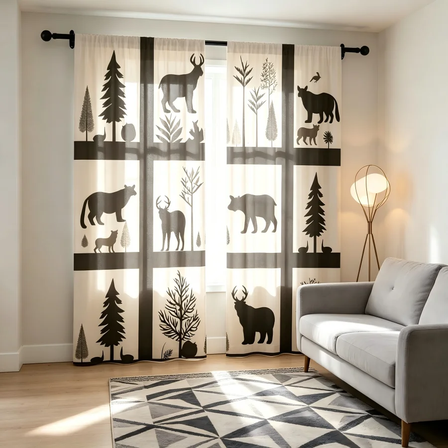2PCS Digital Print  Curtain, Grid Frame Animal Silhouette, Aesthetic Room Decor  Curtain for Apartment Dorm Bedroom