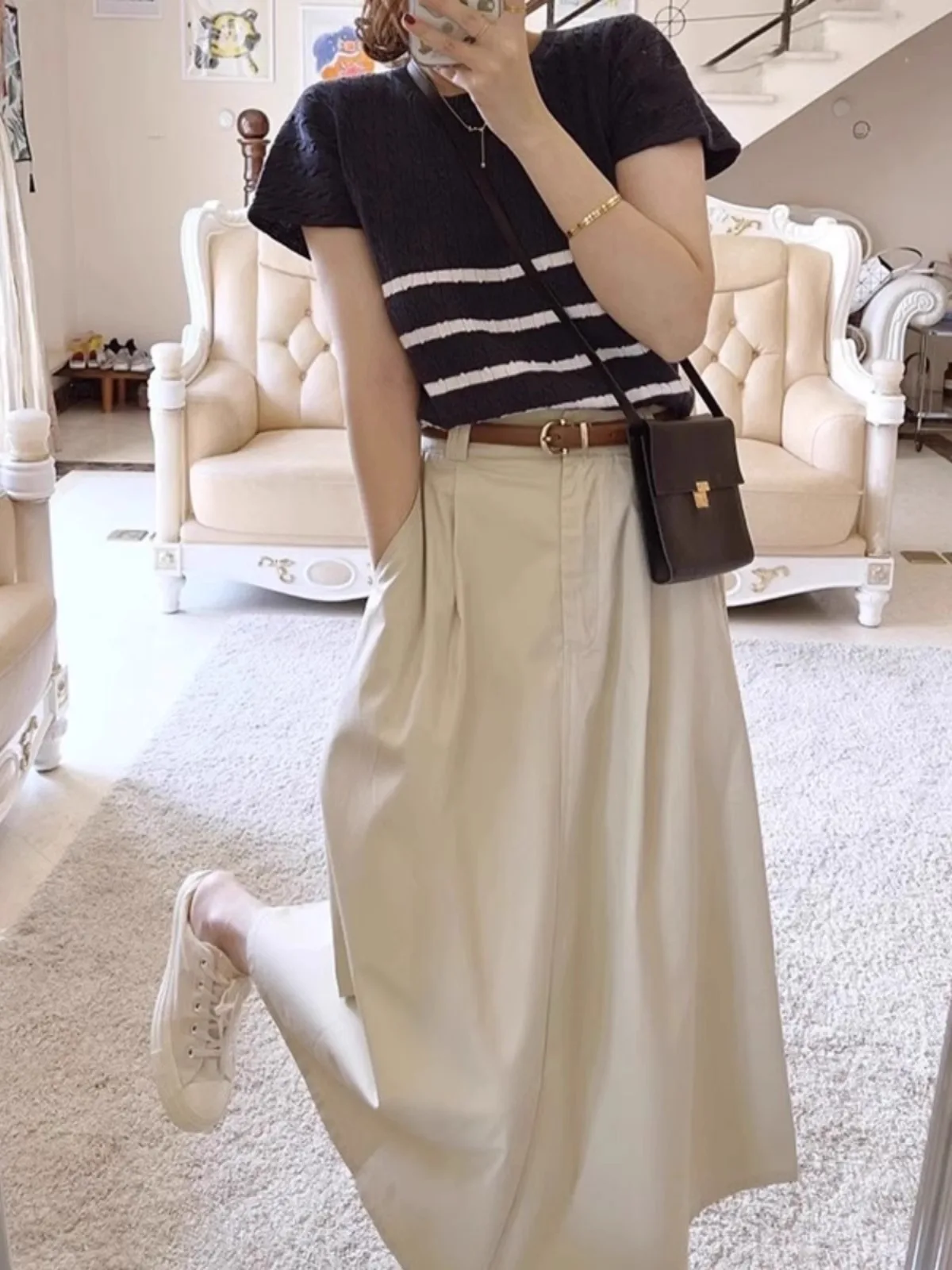 

High Waist A-Line Midi Skirt Summer Vintage Hong Kong Sle Simple High-End Umbrella Skirt Youthful Korean Pure Color