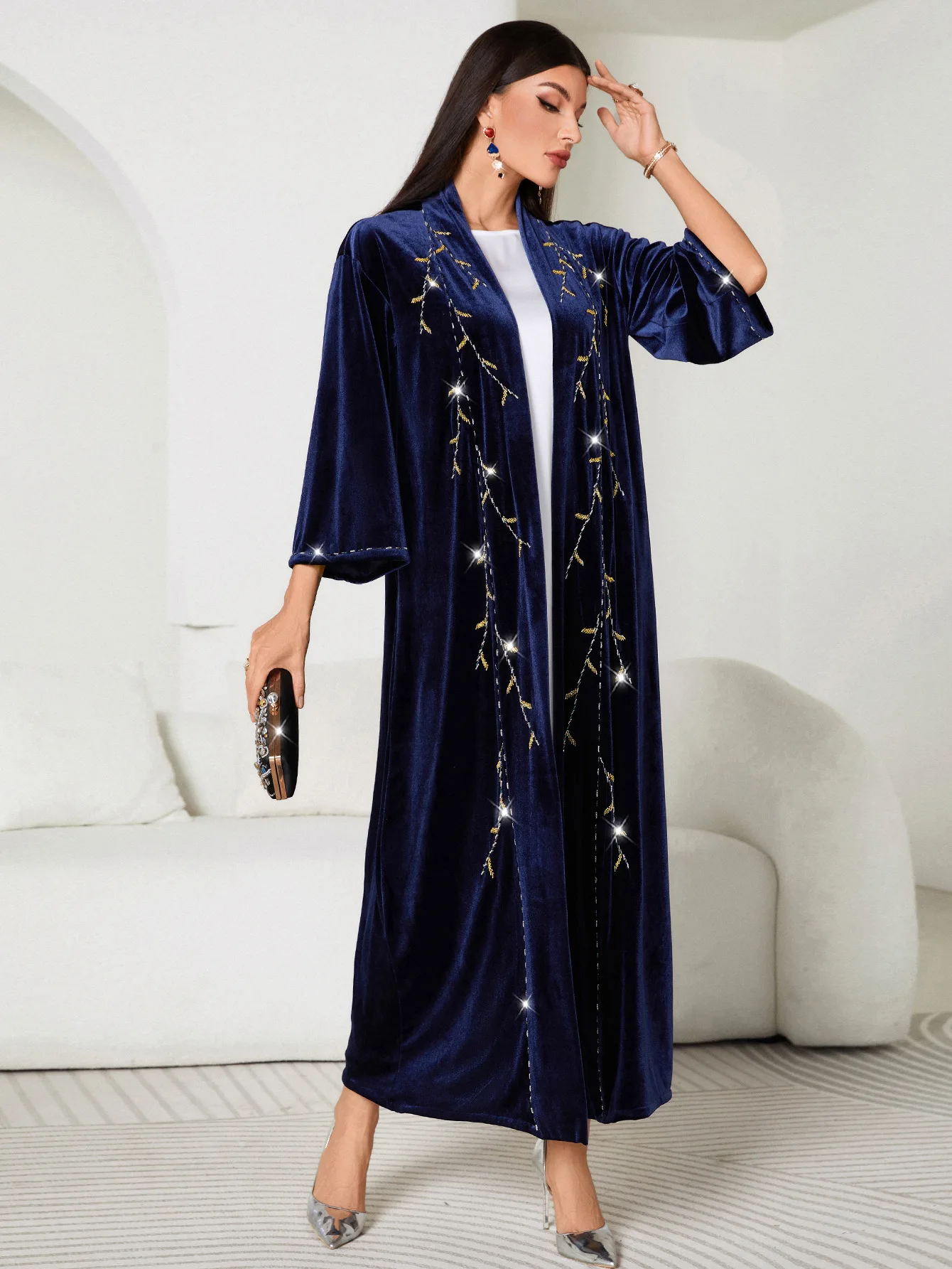 Cardigan Abaya for Women Morocco Party Dress Diamond Abayas Solid Muslim Dresses Eid Caftan Evening Dress Long Robes Vestidos