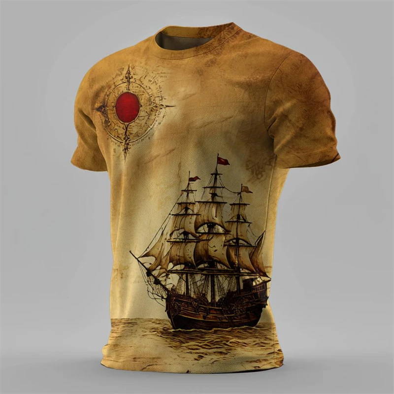 Vintage Sailboat Sailing 3D Print T-shirt For Men Adventure Lovers Short Sleeve T Shirt Run Sport Breathable Summer Trend Tees
