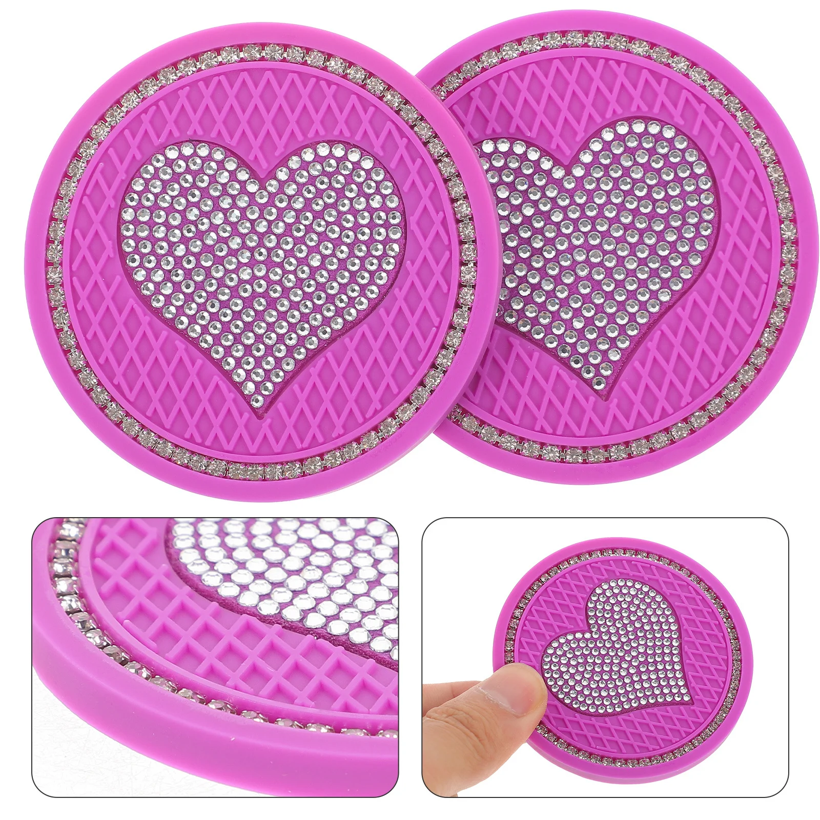 

2Pcs Durable Car Cup Mat Anti-Scald Non-Slip Heart Rhinestone Decoration Reusable Coffee Coaster Cup Holder Mat