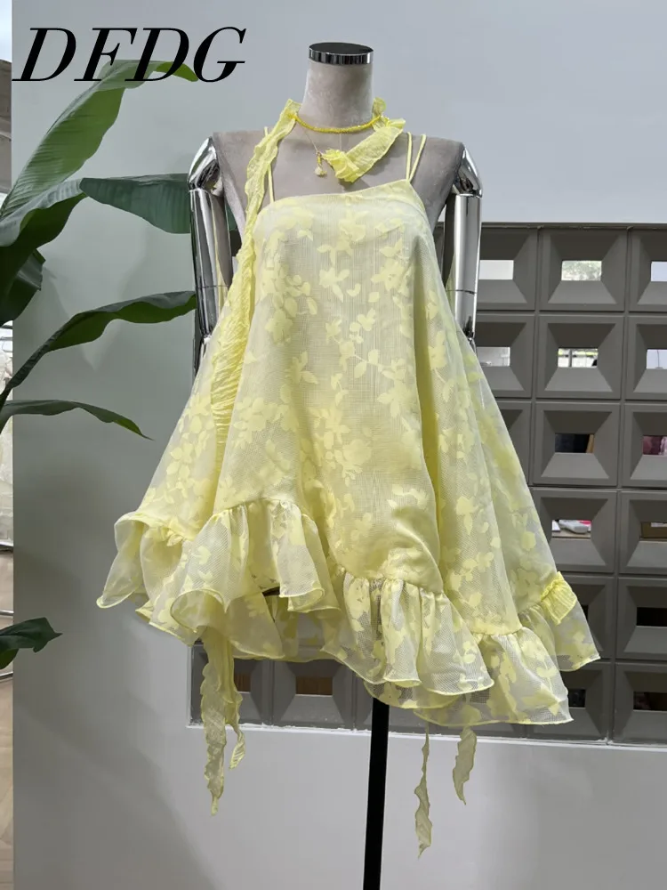 

DFDG Дизайнерское жаккардовое асимметричное платье с воланами на тонких бретельках и тонким узором для весенне-летних женских платьев 2025 года