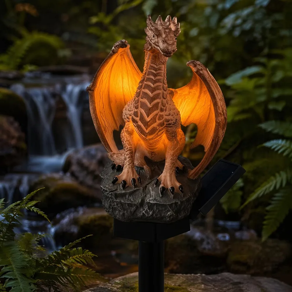 Dragon Legacy Golden Ember Edition Solar Garden Light Outdoor Statue Lamp Gothic Medieval Fantasy Decor for Home Garden